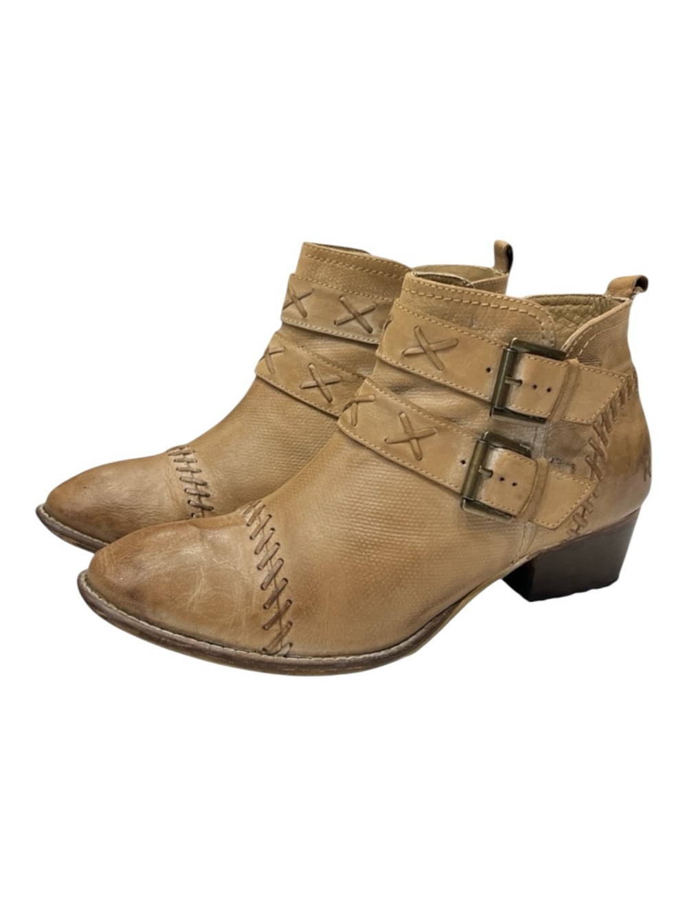 ROAN By Bed Stu Dune Heeled Leather Ankle Booties Distressed Tan 10